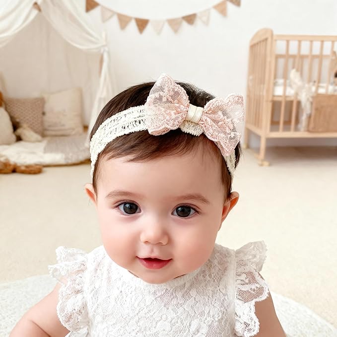 Baby Girls Bow Lace Headband Cute Soft Hairband White Butterfly Knot Headbands for Newborn Infants Toddlers Kids Christening Baptism Birthday Party Hair Accessories（Fan flower bow）