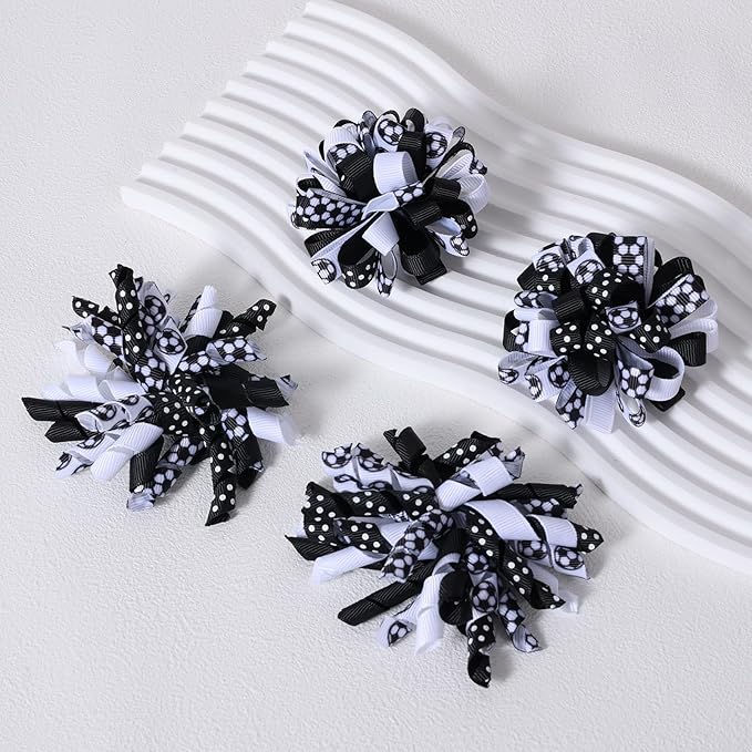 Soccer Korker Hair Bows for Girls,4pcs Black White Football Sport Curly Ribbon Alligator Clips for Soccer Team Moms Gifts Player Fans Game Day Cheer Dress Decoration Accessories
