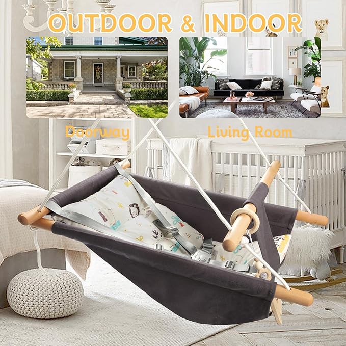 Baby Swing Outdoor Indoor for Infants to Toddlers, Portable Adjustable Baby Porch Swing with 5-Point Safety Belt, Kids Tree Hanging Chair Toys for Door Garden Backyard
