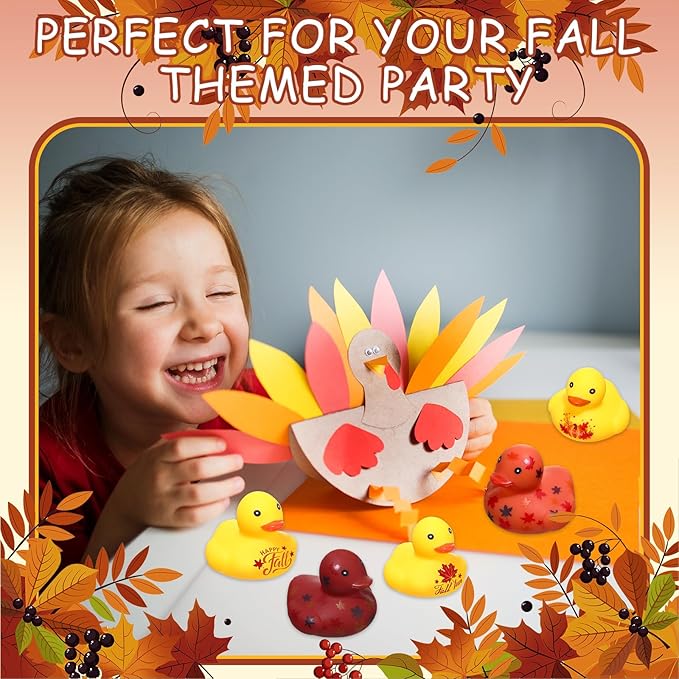 Hiboom 48 Pcs Thanksgiving Rubber Ducks 1.57 Inch Fall Rubber Duck with Leaf Pumpkin Printed Fall Themed Bathtub Toys Gifts Table Decor Thanksgiving Party Favor (Vibrant)