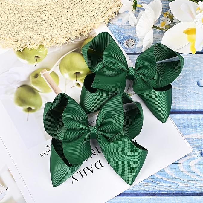 DEEKA 2 PCS 6" Big Hand-made Grosgrain Ribbon Solid Color Hair Bows Alligator Clips Hair Accessories for Little Teen Toddler Girls Kids Set of 2 -Hunter Green