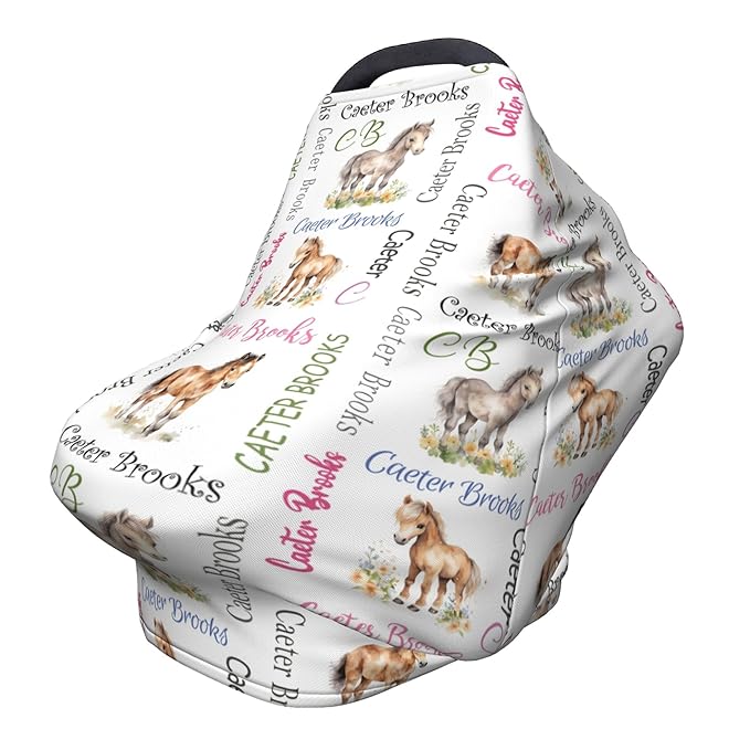 Personalized Car Seat Covers for Babies with Name – Multi-use Breastfeeding Cover Custom Horse Carseat Canopy Cover, Infant Stroller Covers for Boys and Girls