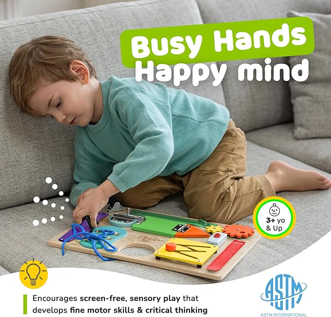 deMoca Sensory Busy Board for Toddlers, Premium Wooden Toddler Busy Board for 1 2 3 Year Old with 10 Educational Activities for Fine Motor Skills, Fidget Activity Toy for Travel