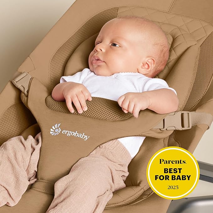 Ergobaby Evolve 3-in-1 Bouncer Seat for Babies and Toddlers 5.5-25lbs - Multi Position Baby Rocker Seat with Adjustable Heights, Secure Harness, Newborn Insert - Camel