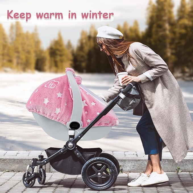 Car Seat Cover Baby Girls Boys, Soft Flannel Infant Carseat Cover with 2 Zipper Windows, Star Carrier Cover Canopy Glow in The Dark, Comfortable & Machine Washable, Hot Pink