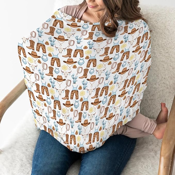 Blue Western Cowboy Baby Car Seat Covers for Boy Cute Cowboys Boots Hat Horse Cactus Sun Cow Skulls Stretchy 5-in-1 Cover Country Adjustable Car Canopy Cover Wild West Breathable Nursing Cover-Up