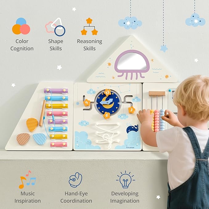 Pillowhale Tangram Activity Wall Busy Board Panels, 12-in-1 Learning Activity Center, Wooden Montessori Sensory Toys for Toddler Playroom, Nursery, Daycare, Classroom, Dentist Waiting Room