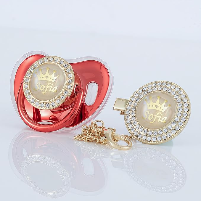 Personalized Name Bling Rose Gold Pacifier and Clip Set Ideal Gift for Baby Shower New Born Photoshoot & Keepsake (Metallic Red)