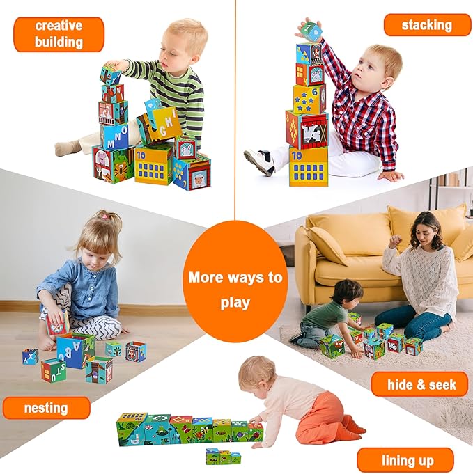 10 Pcs Nesting and Stacking Blocks for Toddlers 1-3 - Cardboard Stacking Cubes with ABC & Numbers - Montessori Educational Learning Toy - Sturdy Toddler Tower Building Set for Kids