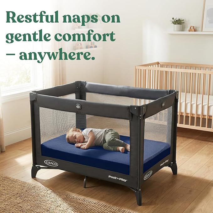 Graco Pack n Play Sheets, Soft Fitted Playard Sheets with Secure Fit, Fit Standard 27" × 39" Playard Mattresses, Breathable & Gentle on Sensitive Skin, 2-Pack (Navy & Grey)