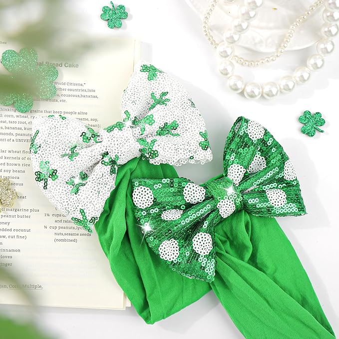 YanJie 5'' St.Patrick's Day Baby Headbands Green Sequins Bow Clover Headbands Shamrock Baby Girl Bows Large Newborn St.Patrick's Day Accessories