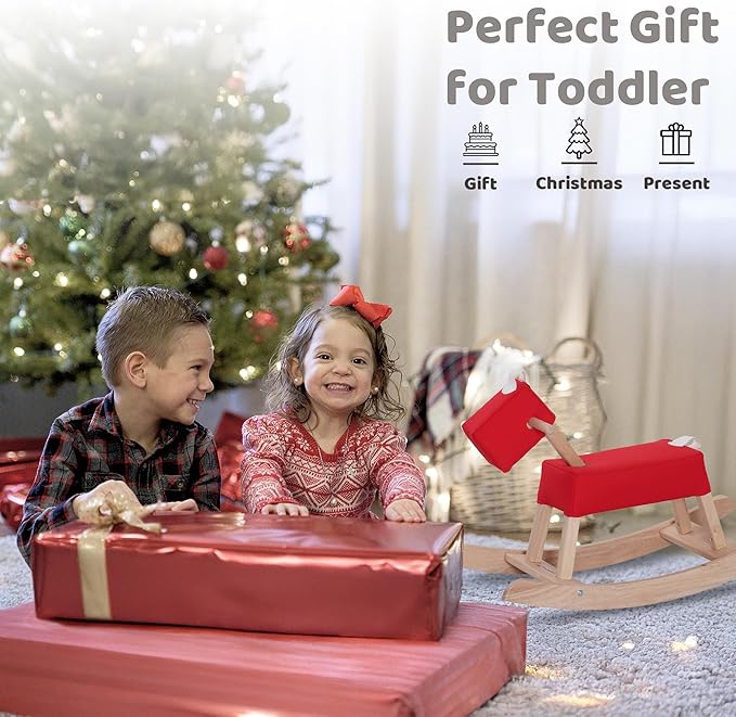 Red Wooden Rocking Horse Juni for Toddlers (Ages 1-3) - Soft Canvas Fabric, Gentle on Skin, Solid Rubber Wood, Sturdy Wood Rocking, Christmas Housewarming Gift for Kids