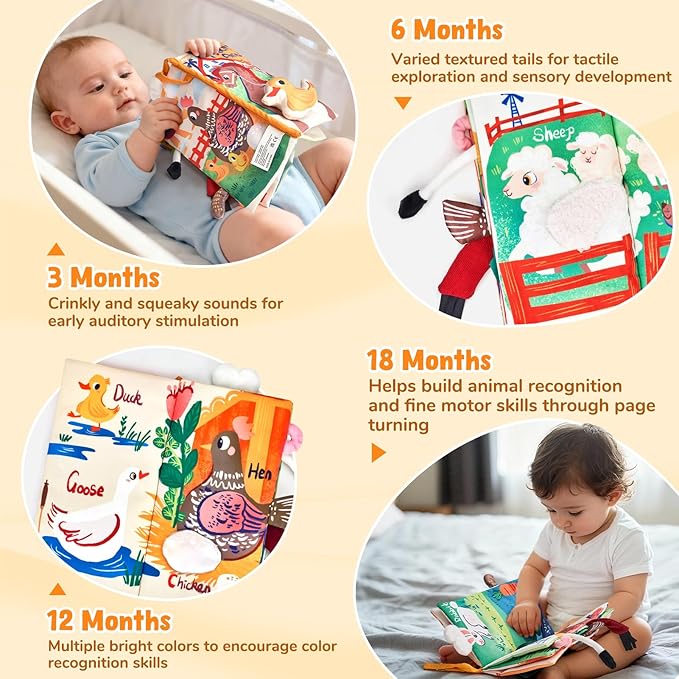 JoyCat Baby Books 0-6-12 Months - Farm Tail Tummy Time Toys - Sensory Touch & Feel Crinkle Cloth Book with Detachable Duck - Newborn Easter Basket Stuffers
