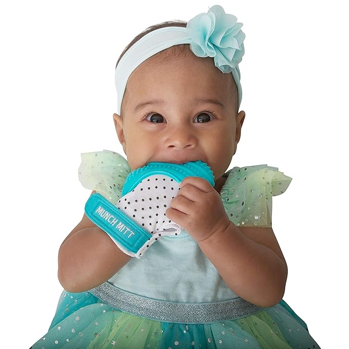 Malarkey Kids Patented Teething Mitten, Munch Mitt Baby Chew Toy - Protects Hands from Chewing & Saliva, Heals Aching Gums, Promotes Sound & Visual Stimulation for Babies - Aqua Polka Dot