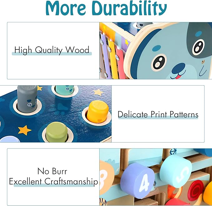 KIDWILL Wooden Hammering Pounding Toy for 12+ Months Kids, Montessori Toys for 1+ Year Old Babies, Early Development Toy with Pounding Bench, Xylophone, Number Sorting Maze, Gifts for Toddlers Age 1-2