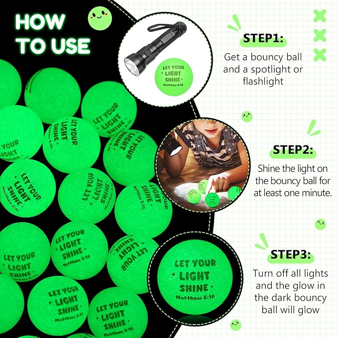 Seenelling 24 Pcs Christian Glow in the Dark Bouncy Balls Easter Jesus Bible Verse Rubber High Bouncing Balls Christian Party Favor Religious Classroom Gifts (Bible, Green)