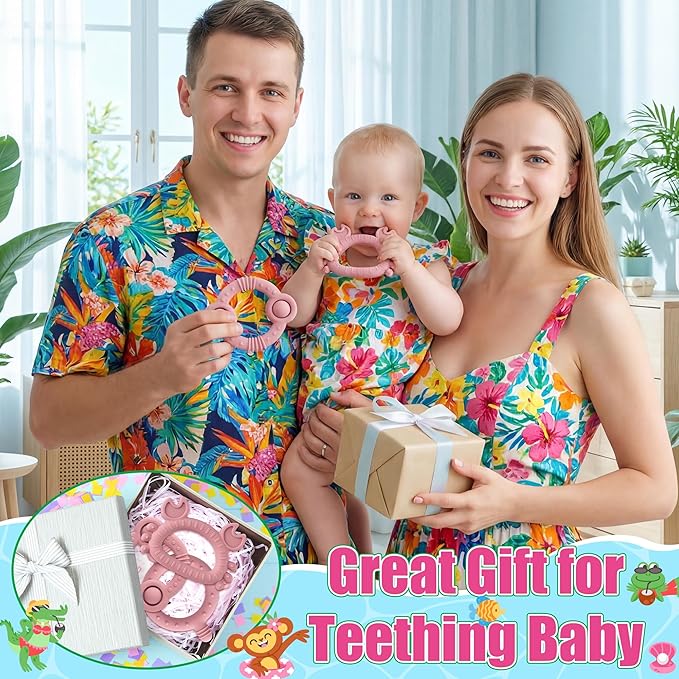 Easter Silicone Teether for Babies - 2ooya 3Pcs Pink Bunny Summer Ocean Animal Infant Teething Chew Toys, Toddler Easy to Grasp Sore Gums Pain Relief Toy for Newborn Boy Girl Baby Shower Easter Gift