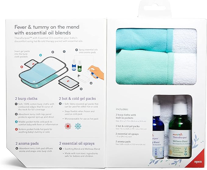 Munchkin® Theraburpee with Essential Oils: Colic & Fever Rescue Kit + with Hot & Cold Therapy Burp Cloths & Aromatherapy
