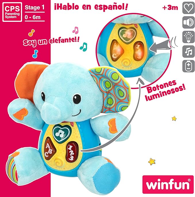 winfun ColorBaby 85178 Talking Plush Toy for Babies, Colourful Lights, Language: Spanish Elephant
