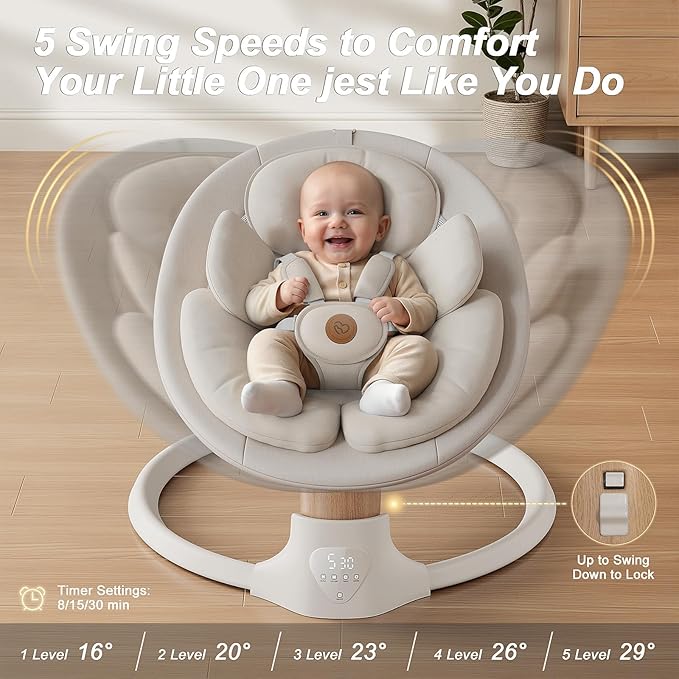 Baby Swings for Infants, FasonBaby Electric Baby Swing with Music Speaker, 5 Speeds, Remote Control and Bluetooth - Portable Infant Swing for Indoor and Outdoor (Beige)