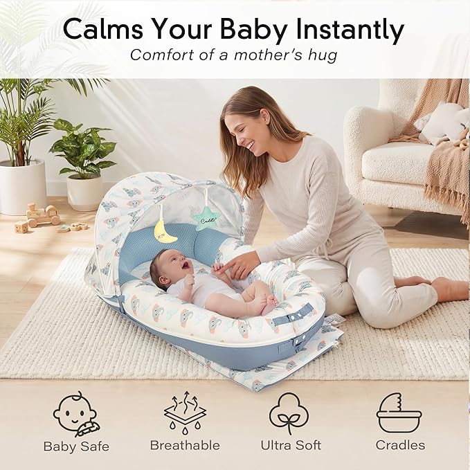 JollyBoo® Deluxe Infant Lounger Pillow - Baby Lounger 0-24 Months | Bamboo-Cotton Portable Baby Nest with Foldable Sunshade & 2 Plush Toys | Soft, Breathable Mesh for Cool, Safe Rest (Blue Elephant)