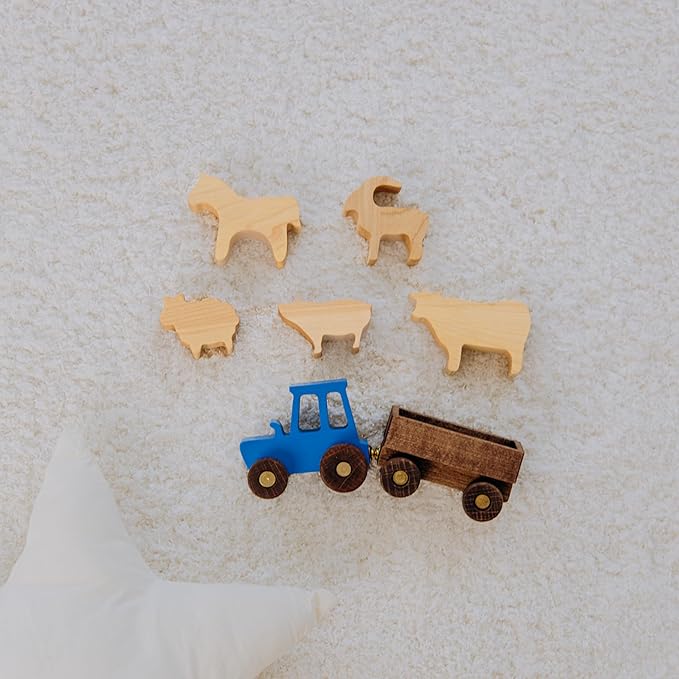 BUSY PUZZLE Wooden Tractor Toy with Trailer and Farm Animals, Natural Solid Wood Push Vehicle for Toddlers, Birthday Gift, Montessori Farm Play Set