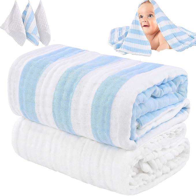 Muslin Baby Bath Towel Set - 100% Organic Cotton 5-Piece Set (2 Large Towels & 3 Washcloths), 6 Layer Absorbent Gauze, Perfect Newborn (Blue Stripe)