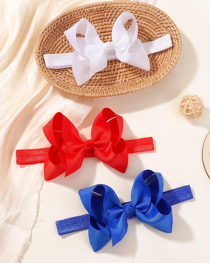 jollybows 3 PCS 4" Boutique Grosgrain Ribbon Headbands and Hair Bows for Baby Girls, Infants, Toddlers, Kids, and Teens - Red, Royal Blue, White