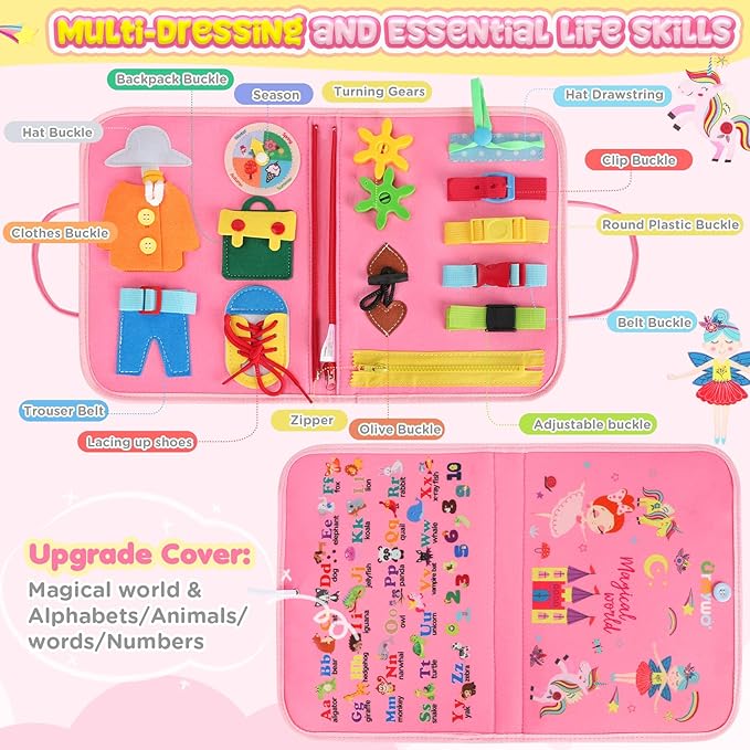 URMYWO Busy Board - Montessori Toys for 1 2 3 4 Year Old, Busy Book Toddler Activities with Fine Motor Skills, Autism Sensory Toys Gifts for Boys Girls, Travel Toys for Road Trip Plane Car (Pink