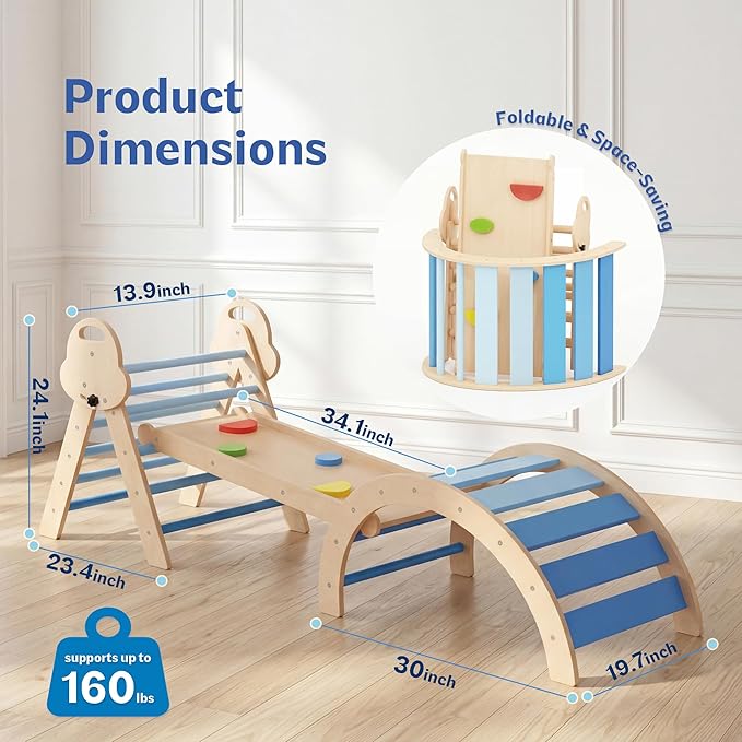 bbgroundgrm 8-in-1 Wooden Climbing Set for Toddlers with Cushion, Foldable Montessori Indoor Climber with Arch, Ramp and Triangle Ladder, Natural Wood Play Gym for Kids 1-3