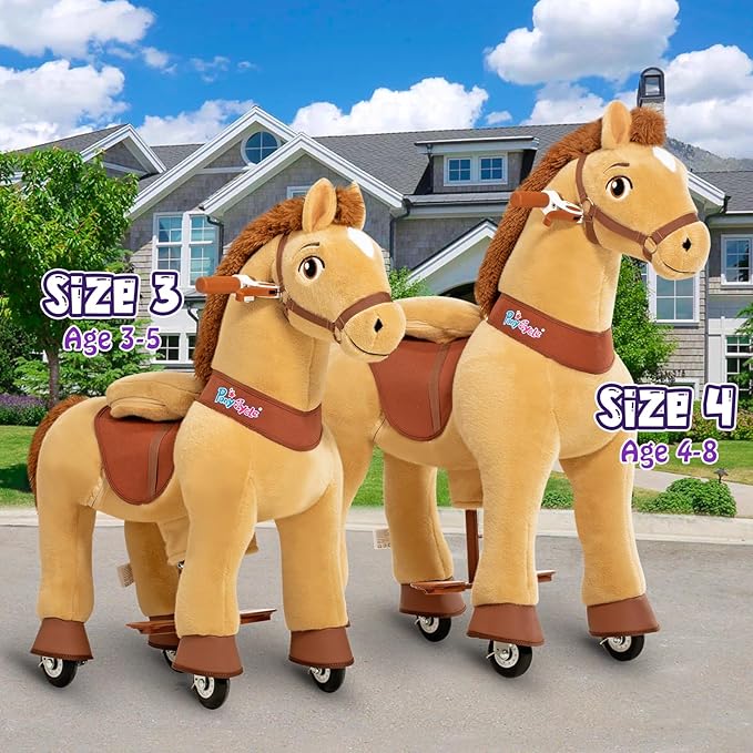 PonyCycle Plush Interactive Riding Horse Kids Ride on Toy Ride on Horse Walking Horse, Essential Model E Size 4 for Age 4-7, No Electricity with Wheels, Giddy up Riding Toys Pony Light Brown E436