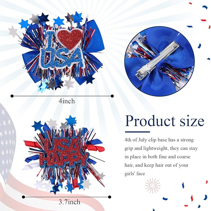 CN 4PCS 4th of July Hair Bows for Girls, Red White Blue USA Patriotic Hair Accessories, Amercian Flag Star Bows Clips for Girls Toddlers Teens for Independence Memorial Day Party Dress(Type A)