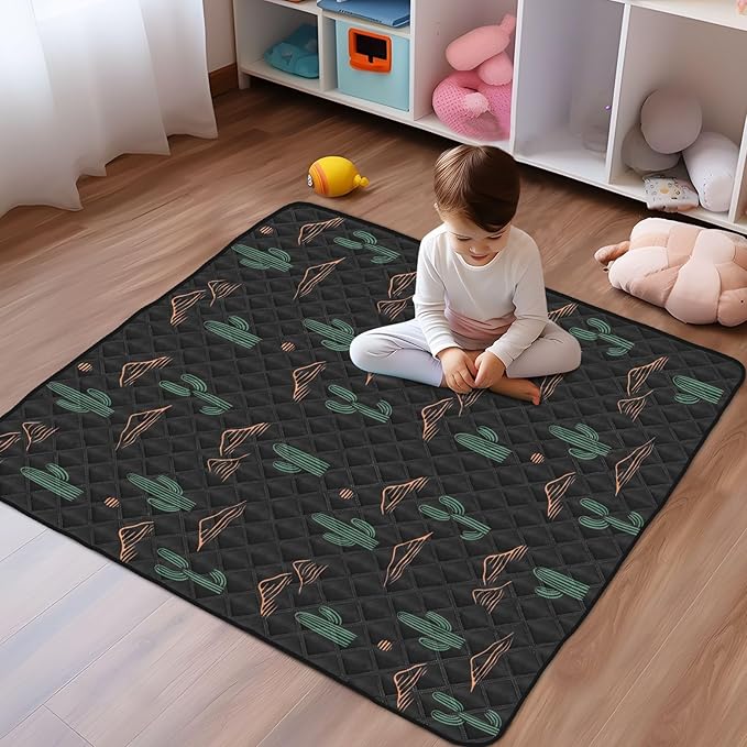 Baby Play Mat Cactus Plant and Mountain Black 50 x 50 Playpen Mat Baby Play Mats for Floor Play Gym Crawling Mat Non-Slip Cushioned Baby Playmat for Infants, Babies, Toddlers