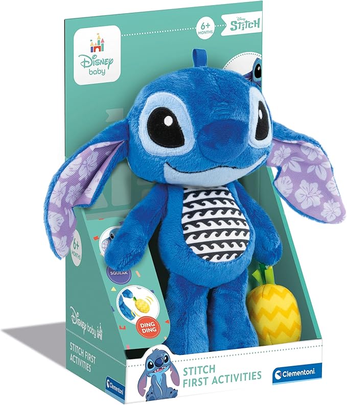 Clementoni Disney Stitch First Activity Plush, Interactive Hanging Toy with Sound Effects and Various Materials, Washable, Promotes Sensory Skills, from 3 Months