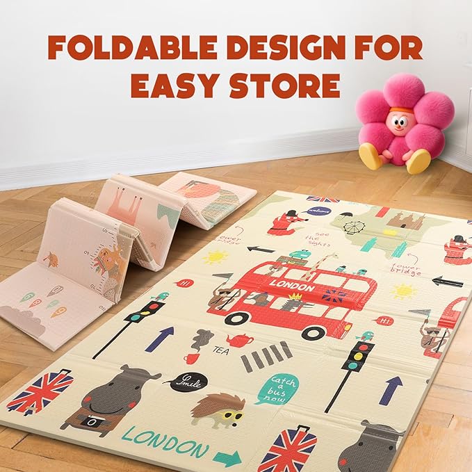 Mergren Baby Play Mat, Large(71"×47") XPE Waterproof Foam Foldable Baby Crawling Mat with Reversible Animal Friends Double-Sided Patterns, Anti-Slip Floor Playing Mats