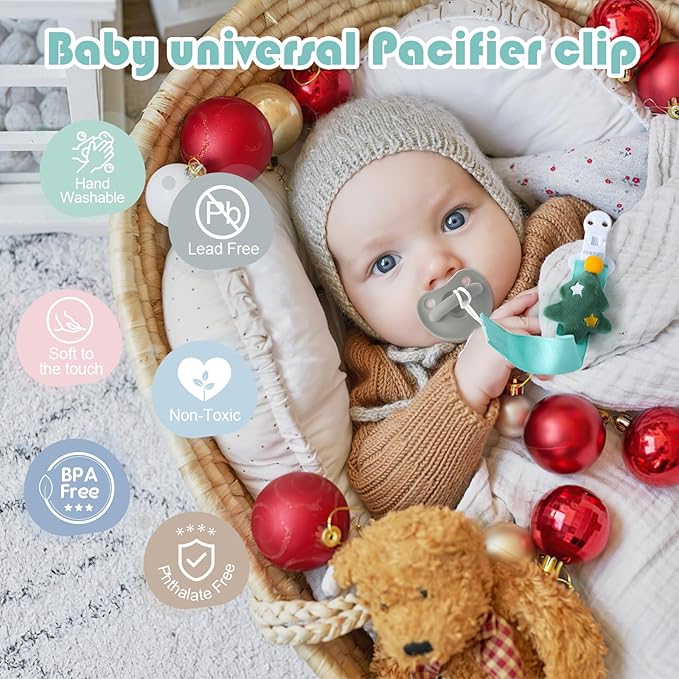 TYRY.HU Pacifier Clip for Baby, 2 Pack Neutral Pacifier Holder Clip for Girls Boys, Soft Webbing Soothie Christmas Binky Clips Fit All Pacifiers, Cute Baby Shower Gift，Tree & Candy