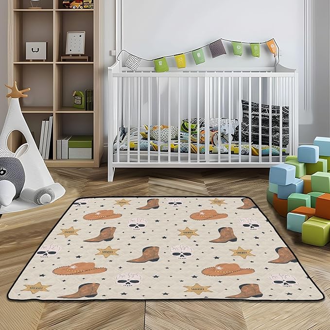Baby Play Mat Cowboy Western Skull Hat Boots 50 x 50 Playpen Mat Baby Play Mats for Floor Play Gym Crawling Mat Non-Slip Cushioned Baby Playmat for Infants, Babies, Toddlers