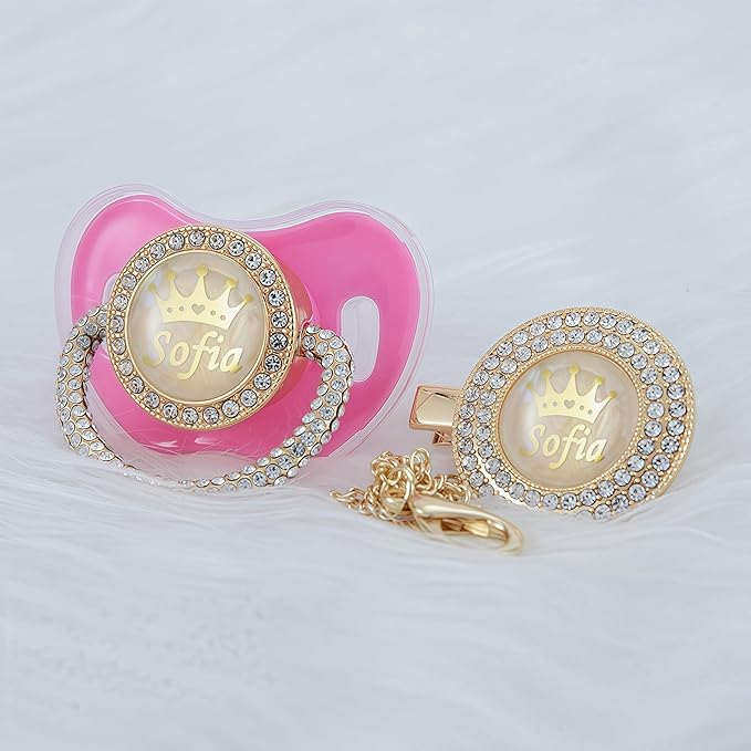Personalized Name Anniversary All Bling Pacifier and Clip Set Gold Plated New Born Gift Photography No for Daily Use (Pink)
