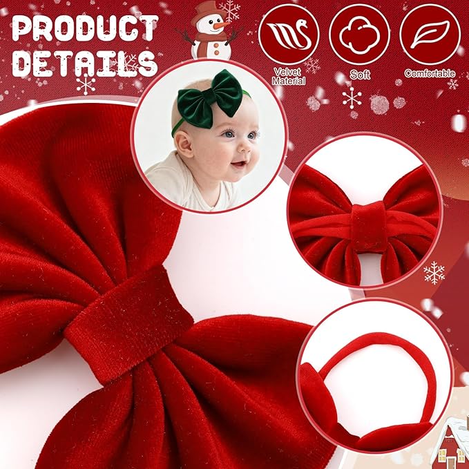 4 Pcs Velvet Baby Bow Headbands, Christmas Newborn Headband Bows Nylon Handmade Hair Accessories for Baby Infants Toddlers Child