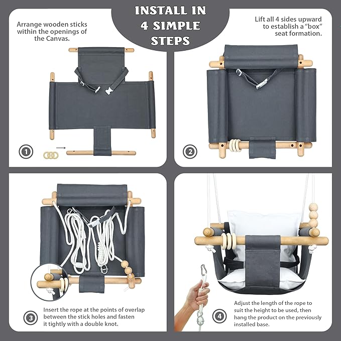 Baby Swing Outdoor and Indoor - Canvas Baby Swing 6 Months to 3 Years, Durable Baby Swing Chair, Indoor Baby Swing, Outdoor Baby Swing, Full Set of Ceiling Screws (Gray)
