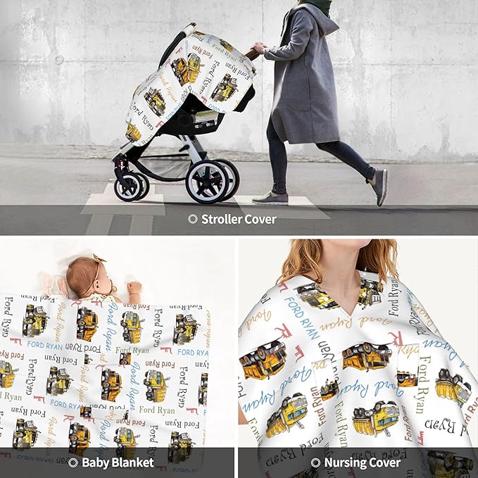 Custom Baby Car Seat Canopy Personalized Car Seat Covers with Name for Baby Boys Girls Customized Construction Truck Nursing Breastfeeding Cover Infant Carseat Canopies Newborn Baby Blanket