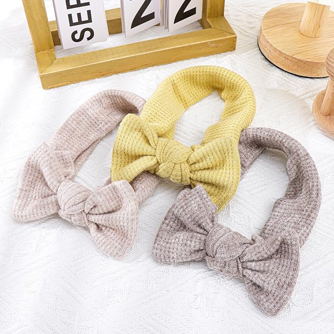 Handmade Hairbands with Bows, 4'' Baby Girls Headbands, Soft Hair Accessories for Infant Toddler, 3Pcs Dark Coffee Light Coffee Yellow
