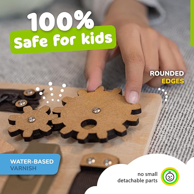 deMoca Sensory Busy Board for Toddlers, Premium Wooden Toddler Busy Board for 1 2 3 Year Old with 10 Educational Activities for Fine Motor Skills, Fidget Activity Toy for Travel