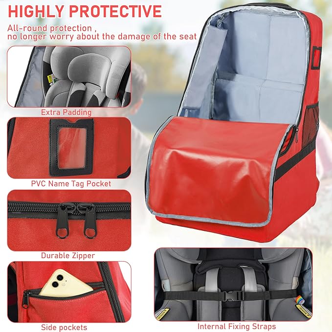 IBVIVIC Padded Car Seat Travel Bag for Airplane, Heavy Duty Car Seat Bag for Air Travel Gate Check Carseat Carrier Bag with Shoulder Strap, Fits Most Baby & Infant Car Seats (Red)