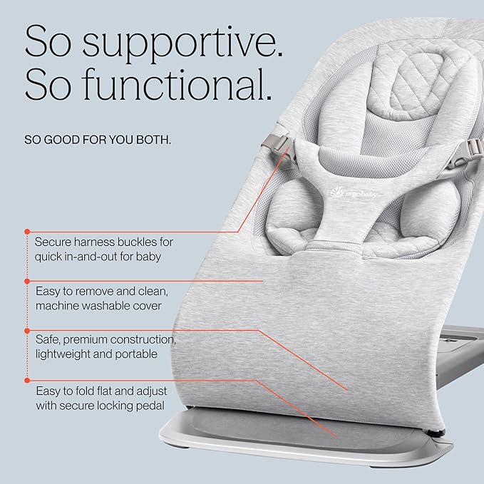 Ergobaby Evolve 3-in-1 Bouncer, Adjustable Multi Position Baby Bouncer Seat, Fits Newborn to Toddler, Light Grey