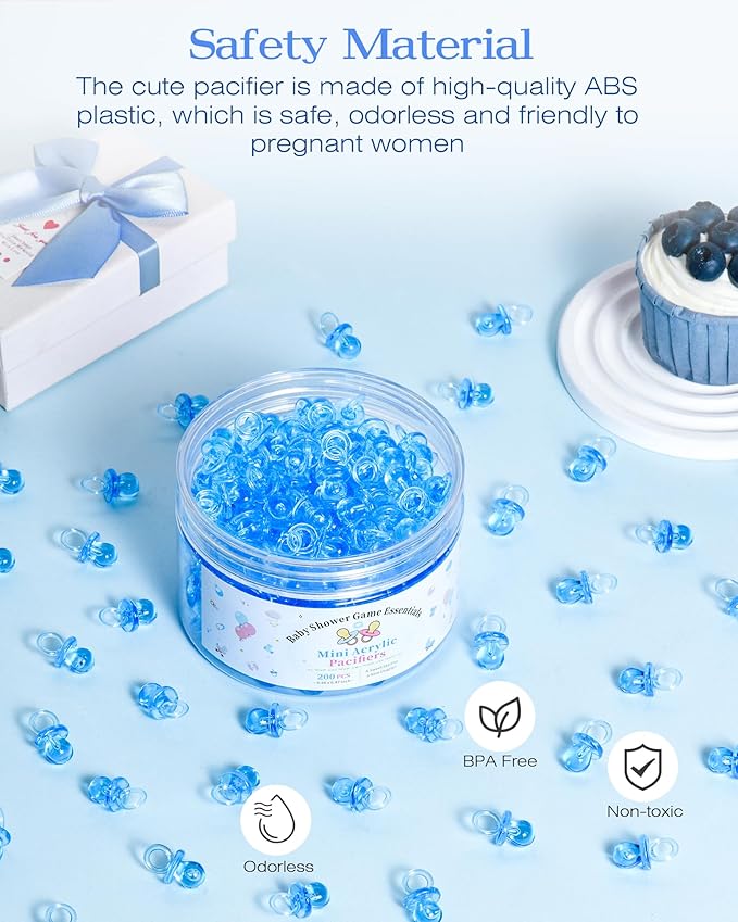 200 Pcs Mini Pacifiers Baby Shower Games, 0.86'' Acrylic Pacifiers in Clear Jar, Chupones para Baby Shower Pacifier for Party Favors, Table Scatter, Gender Reveal Decoration DIY Craft(Blue)
