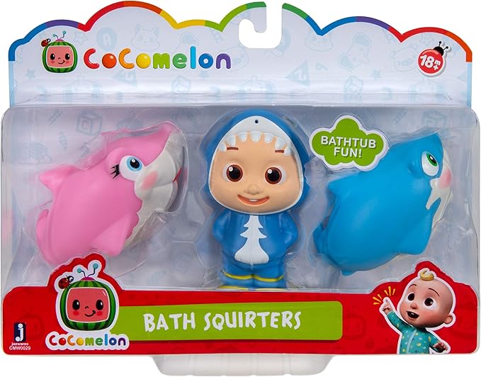 CoComelon Official Bath Squirters, Featuring JJ Character Toy (4” Tall) and 2 Sharks (4” Wide), Bath Time Fun Playset - Character Toys for Babies, Toddlers, and Kids
