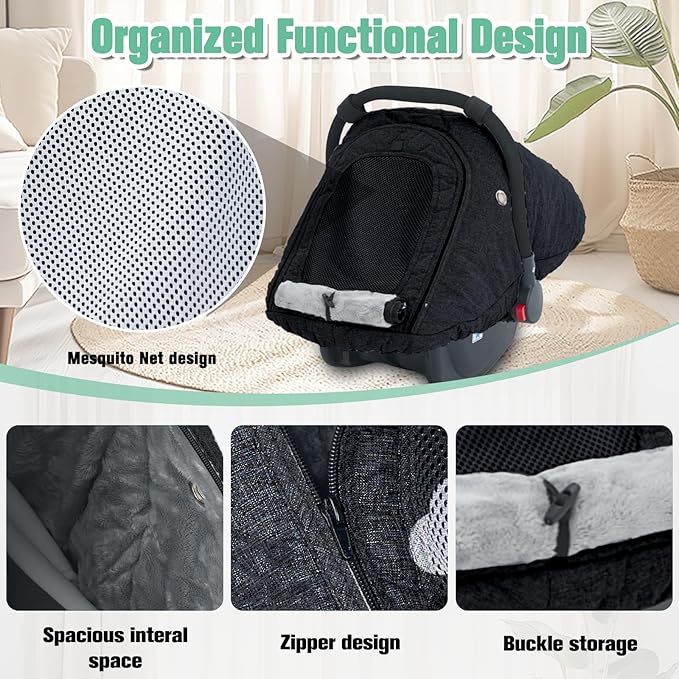 Baby Car Seat Cover Winter, Warm Cozy Carseat Cover for Babies with Mesh Window Breathable, Full Protection Infant Car Seat Covers for Boys Girls, Windproof Newborn Car Seat Canopy, Black