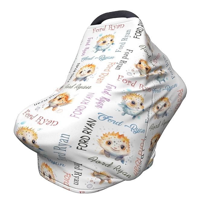 Personalized Baby Car Seat Cover with Name Stroller Canopy Custom Pufferfish Carseat Cover Newborn Baby Boy Girl Nursing Cover for Moms First Birthday Gift