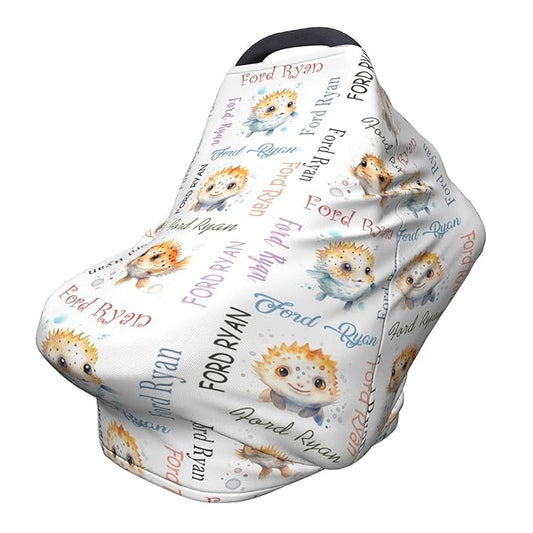 Personalized Baby Car Seat Cover with Name Stroller Canopy Custom Pufferfish Carseat Cover Newborn Baby Boy Girl Nursing Cover for Moms First Birthday Gift